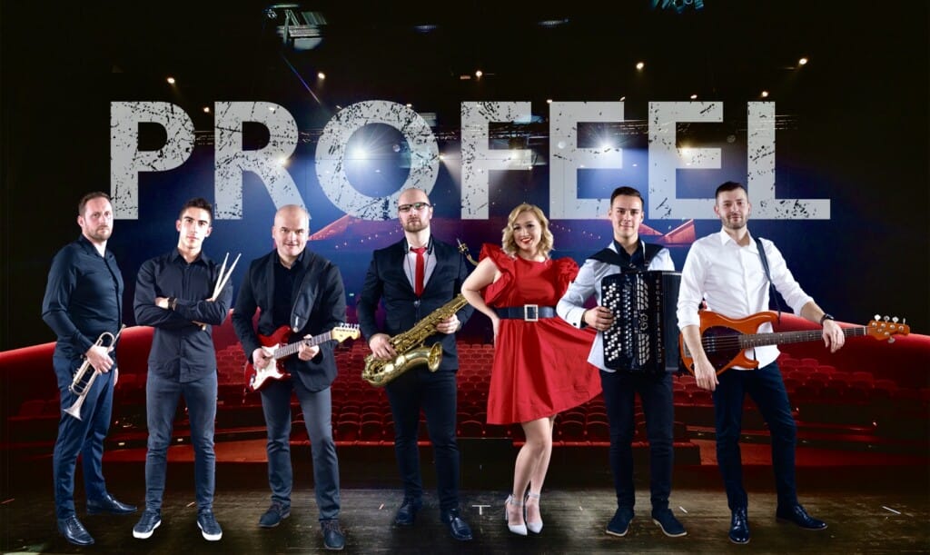 Profeel band with logo in background